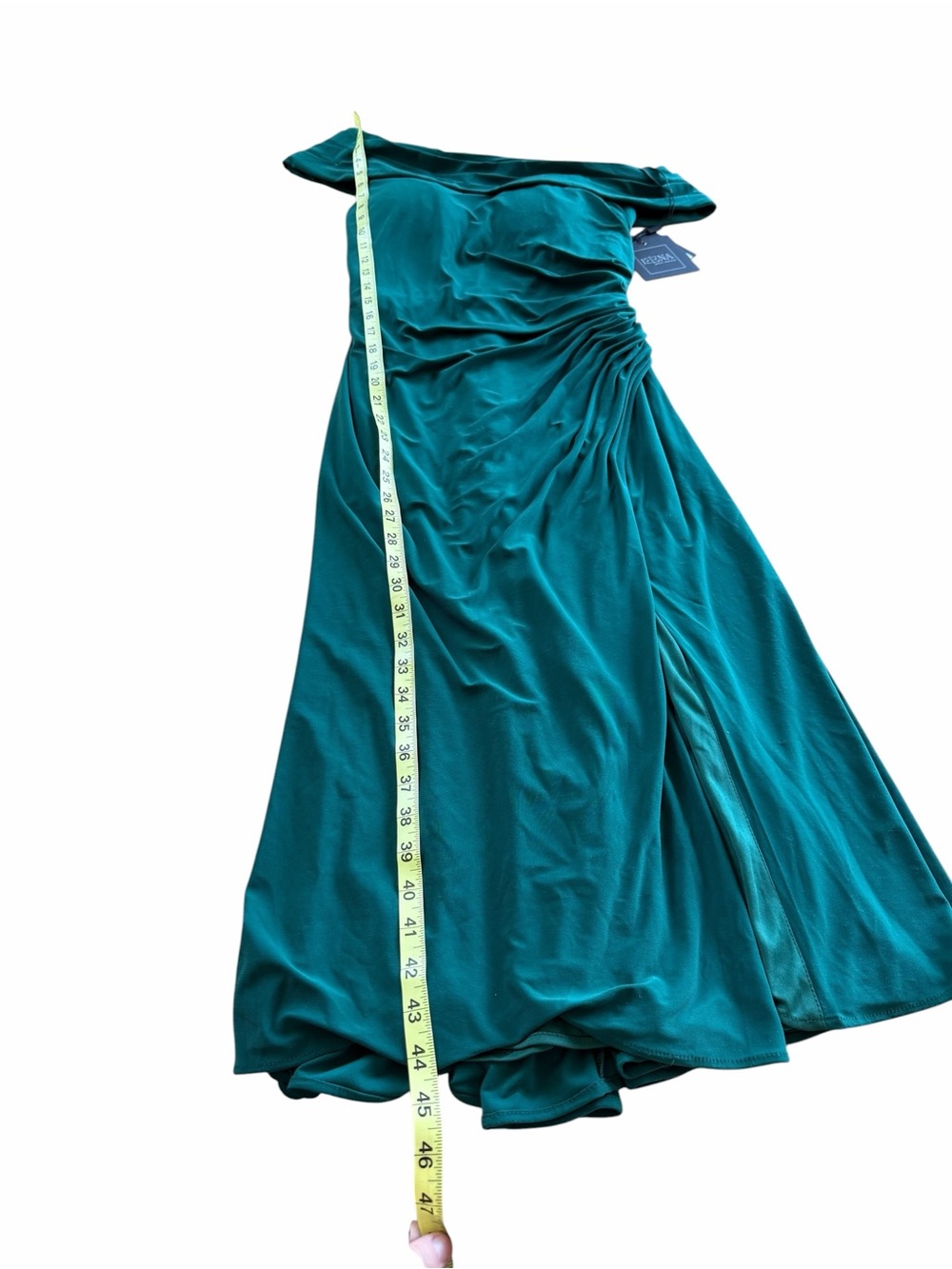 Mac Duggal IEENA Off-Shoulder Emerald Green Midi Dress with Side Slit & Ruching - Picture 9 of 12